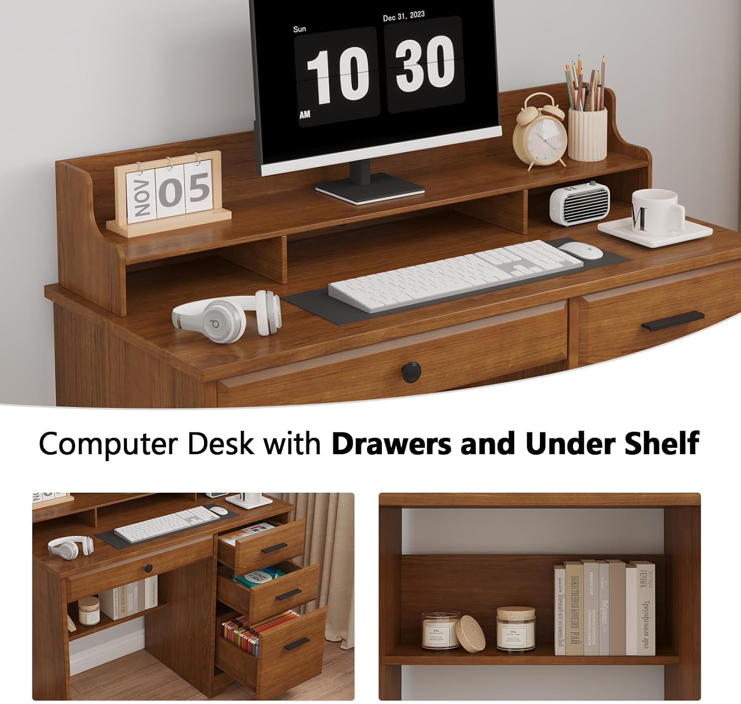 4 EVER WINNER Small Desk with Drawers for Small Spaces, 44'' Wood Desk with File Drawer & Monitor Stand, Office Desks Writing Study Table for Bedroom, Living Room, Brown