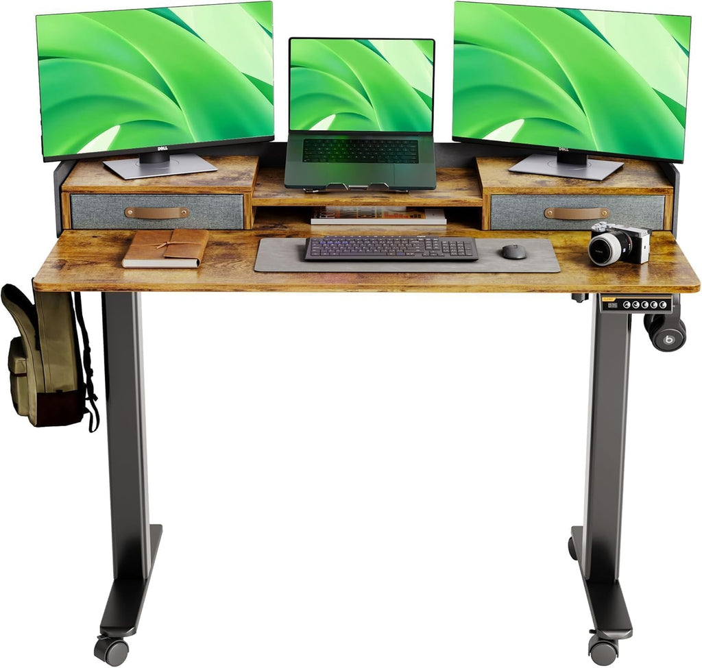 Claiks Standing Desk with Drawers, Stand Up Electric Standing Desk Adjustable Height with Storage Shelf and Splice Board, 48 Inch, Rustic Brown