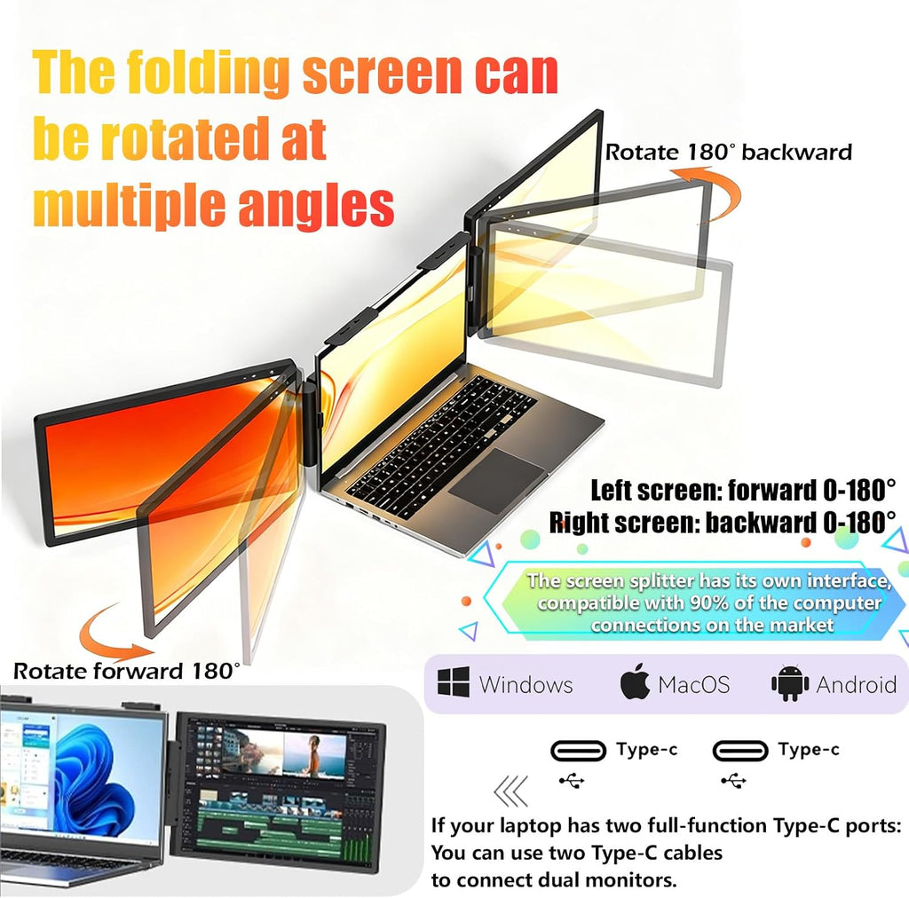 14' Laptop Screen Extender FHD 1080P IPS - Multi-Angle Rotatable, Portable Dual Monitor USB-C Plug & Play for 13'-16' Laptops, Works with Macos/Windows/Android/Switch/Xbox