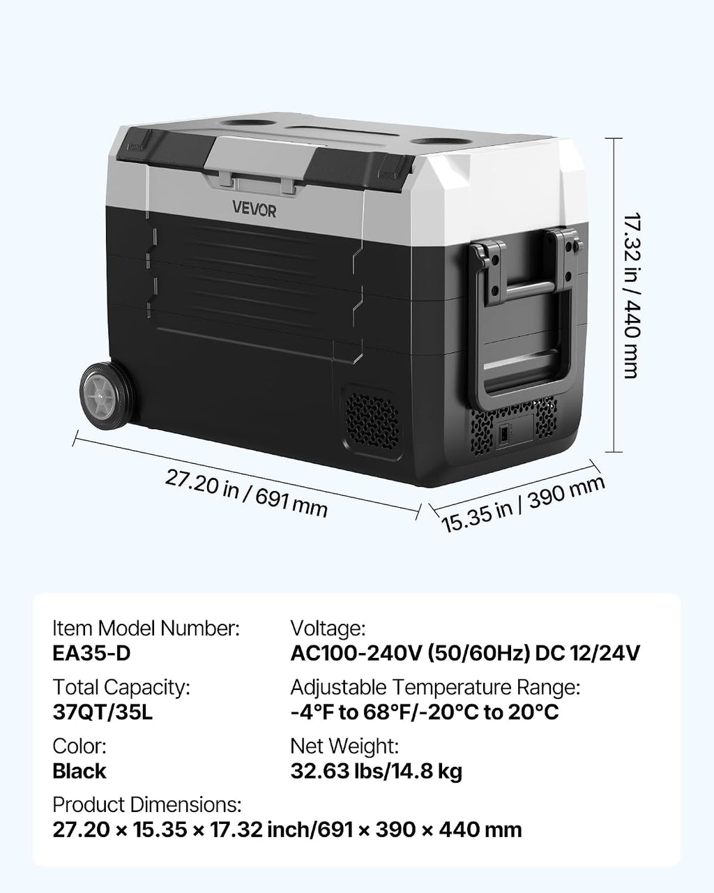 VEVOR Car Refrigerator, DC 12/24V AC100-240V Compressor Electric Cooler, -4°F to 68°F Truck Refrigerator with APP Control, Wheels & Dual Zone, 37 QT Cars Cooler for RVs, Boats, Camping, Fishing