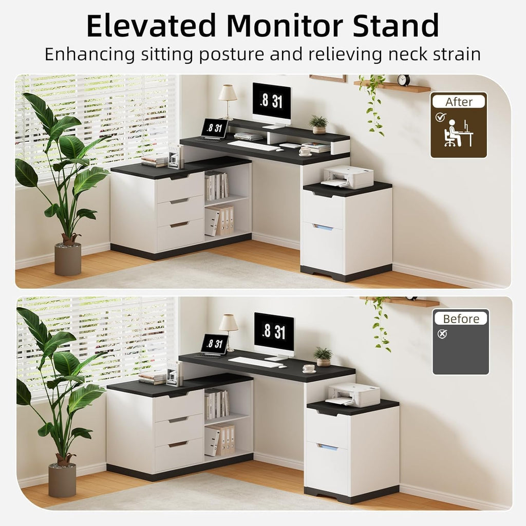 MaverickFurni Modern L Shaped Desk with Drawers, 71 Inch Home Office Desk with File Cabinet and Printer Shelf, Wood Computer Desk with File Drawers and Monitor Stand, White and Black