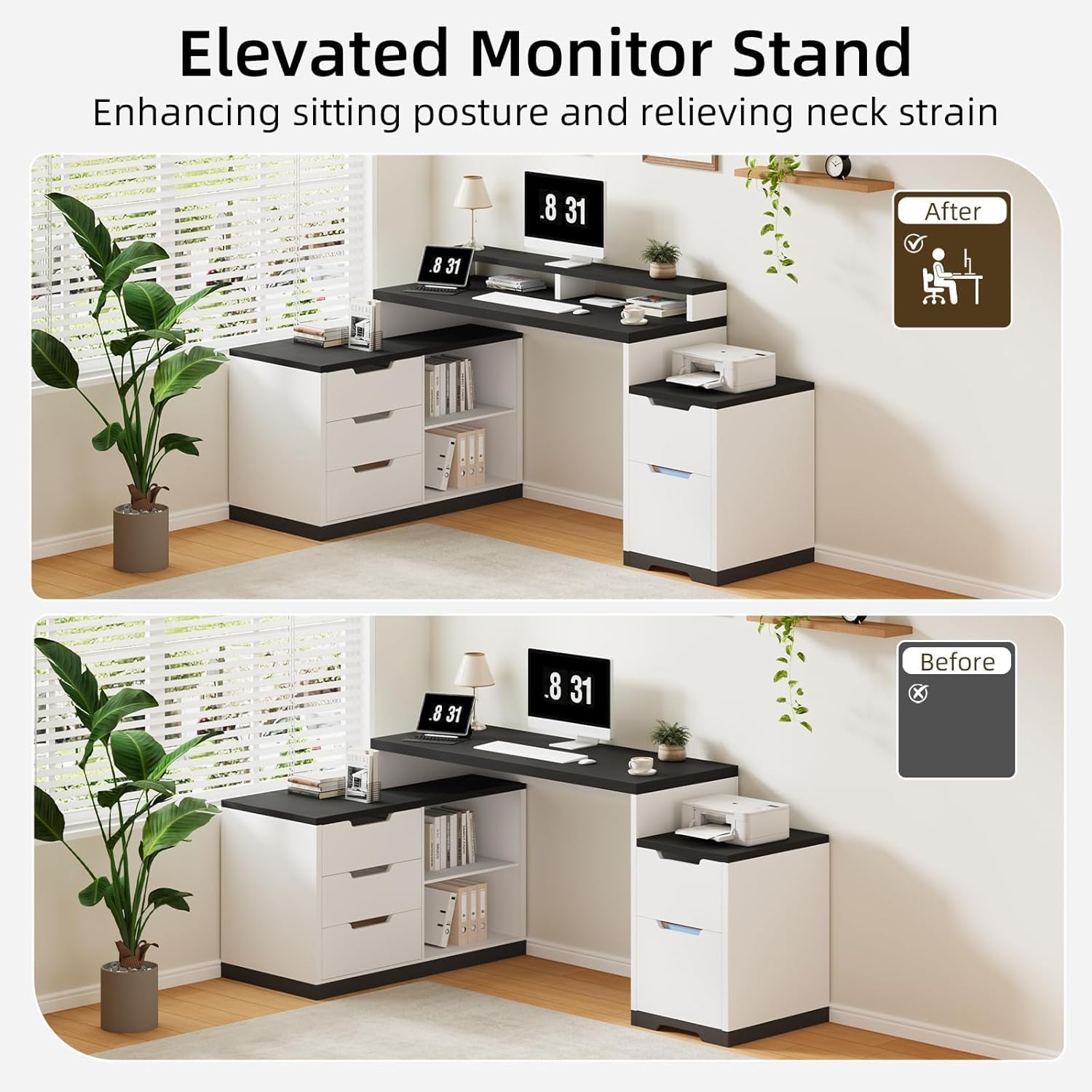 MaverickFurni Modern L Shaped Desk with Drawers, 71 Inch Home Office Desk with File Cabinet and Printer Shelf, Wood Computer Desk with File Drawers and Monitor Stand, White and Black