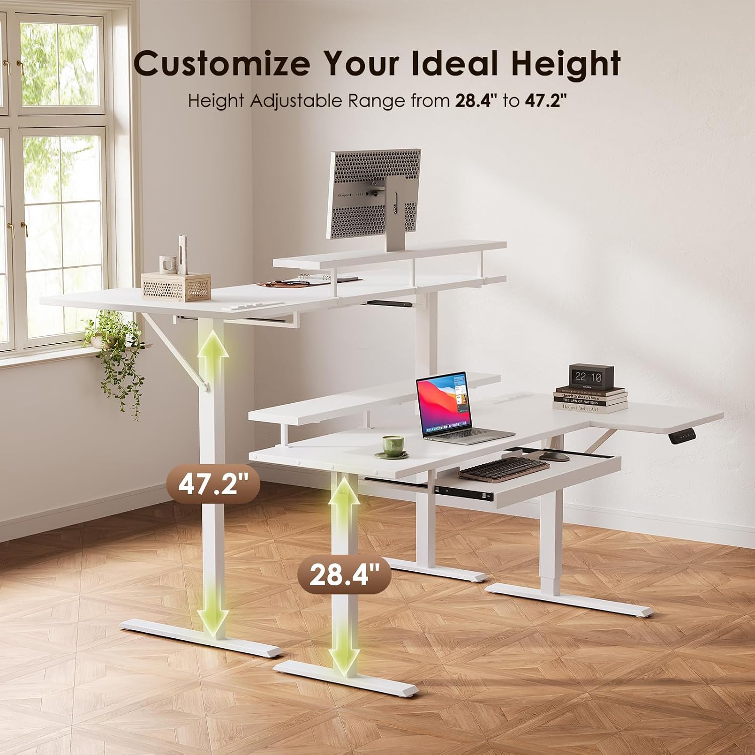 OffiGo 55 Inch Electric L Shaped Standing Desk with Keyboard Tray, Reversible Height Adjustable Corner Computer Desk with Monitor Stand, Sit Stand Up Lift Table for Home, Office, White
