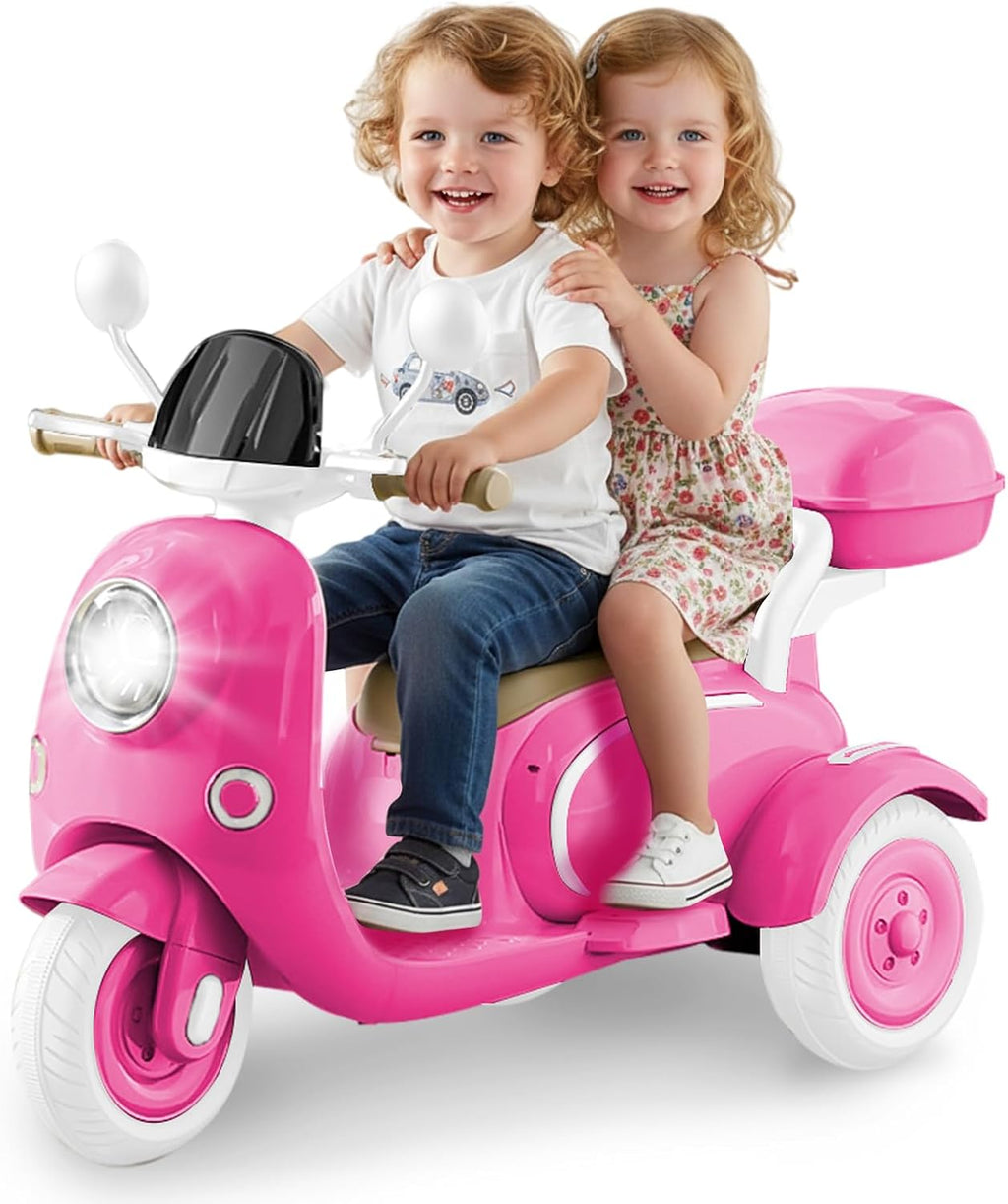 HEIMILI 12V 2-Seater Ride on Motorcycle for Kids, 3 Wheel Electric Motorbike with Dual 25W Motors, Toddler Moped Scooter with Bluetooth Music, Battery Powered Toy for Girls Boys 3-6 Years, Rose