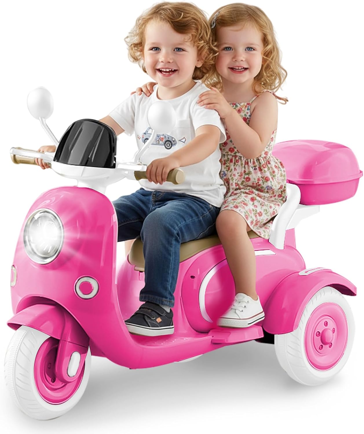 HEIMILI 12V 2-Seater Ride on Motorcycle for Kids, 3 Wheel Electric Motorbike with Dual 25W Motors, Toddler Moped Scooter with Bluetooth Music, Battery Powered Toy for Girls Boys 3-6 Years, Rose