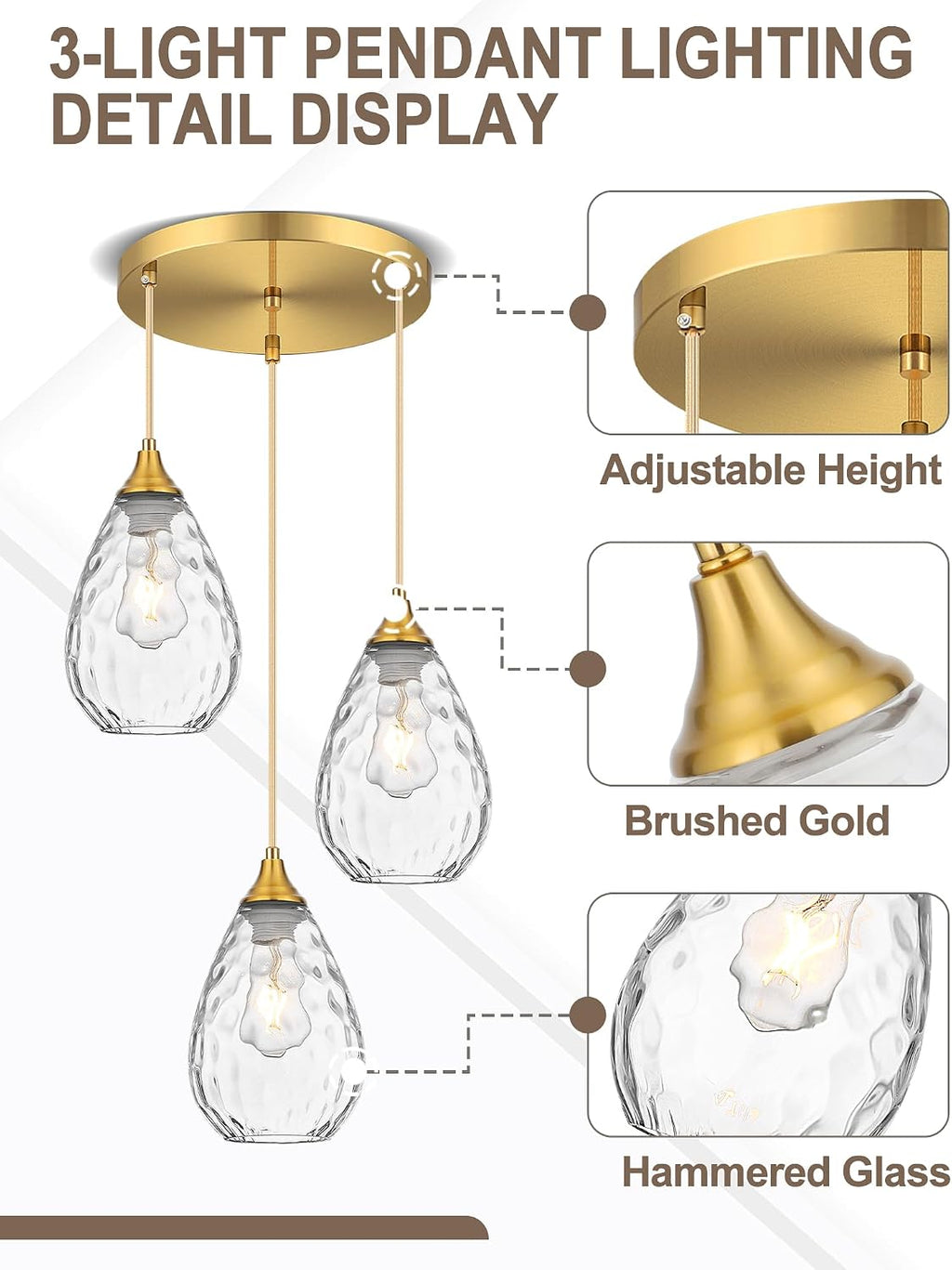 Brushed Gold 3-Light Pendant Lighting, Modern Dining Room Light Fixture Over Table with Hammered Glass, Cluster Hanging Lights for Kitchen Island Dining Room