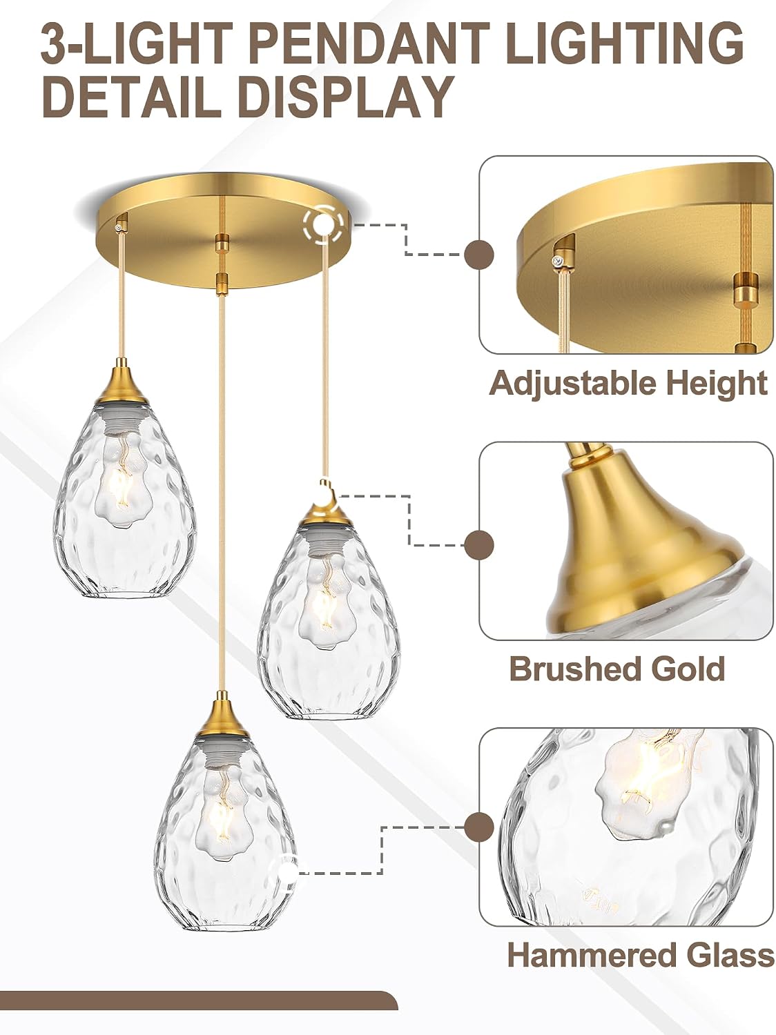 Brushed Gold 3-Light Pendant Lighting, Modern Dining Room Light Fixture Over Table with Hammered Glass, Cluster Hanging Lights for Kitchen Island Dining Room