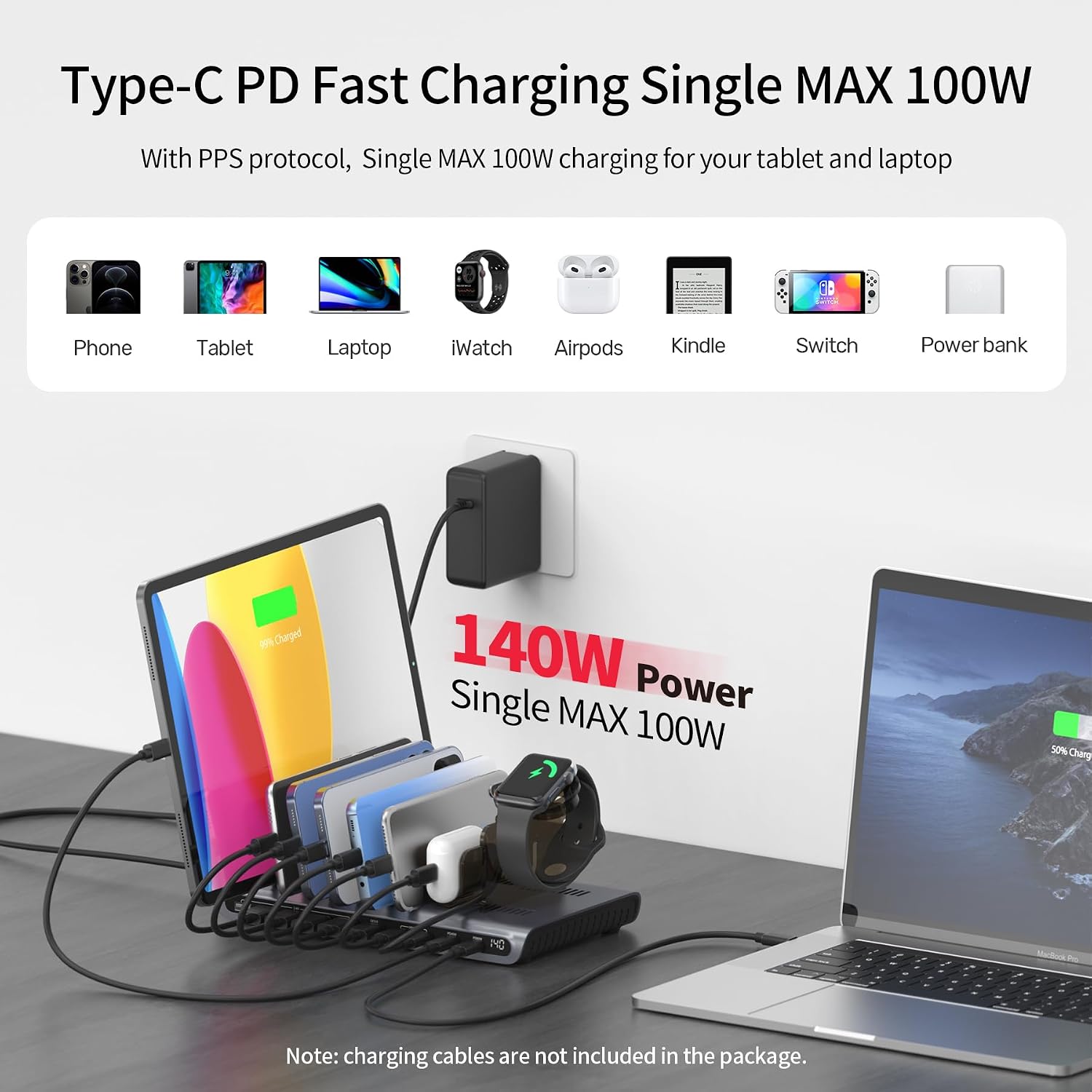 Unitek Charging Station for Multiple Devices - 140W USB C Fast Charging Stand with Digital Display for Laptop iPad iPhone Charging Dock with Smartwatch & Airpods Holder