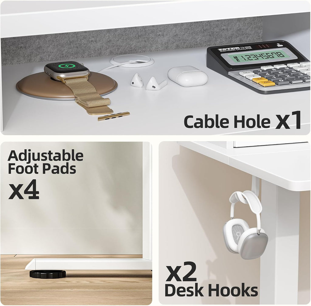 TIQLAB 55 * 28 Inch Standing Desk with Four Drawers, Electric Sit Stand Table, Stand Up Desk Adjustable Height with Storage Shelf, Splice Board, White