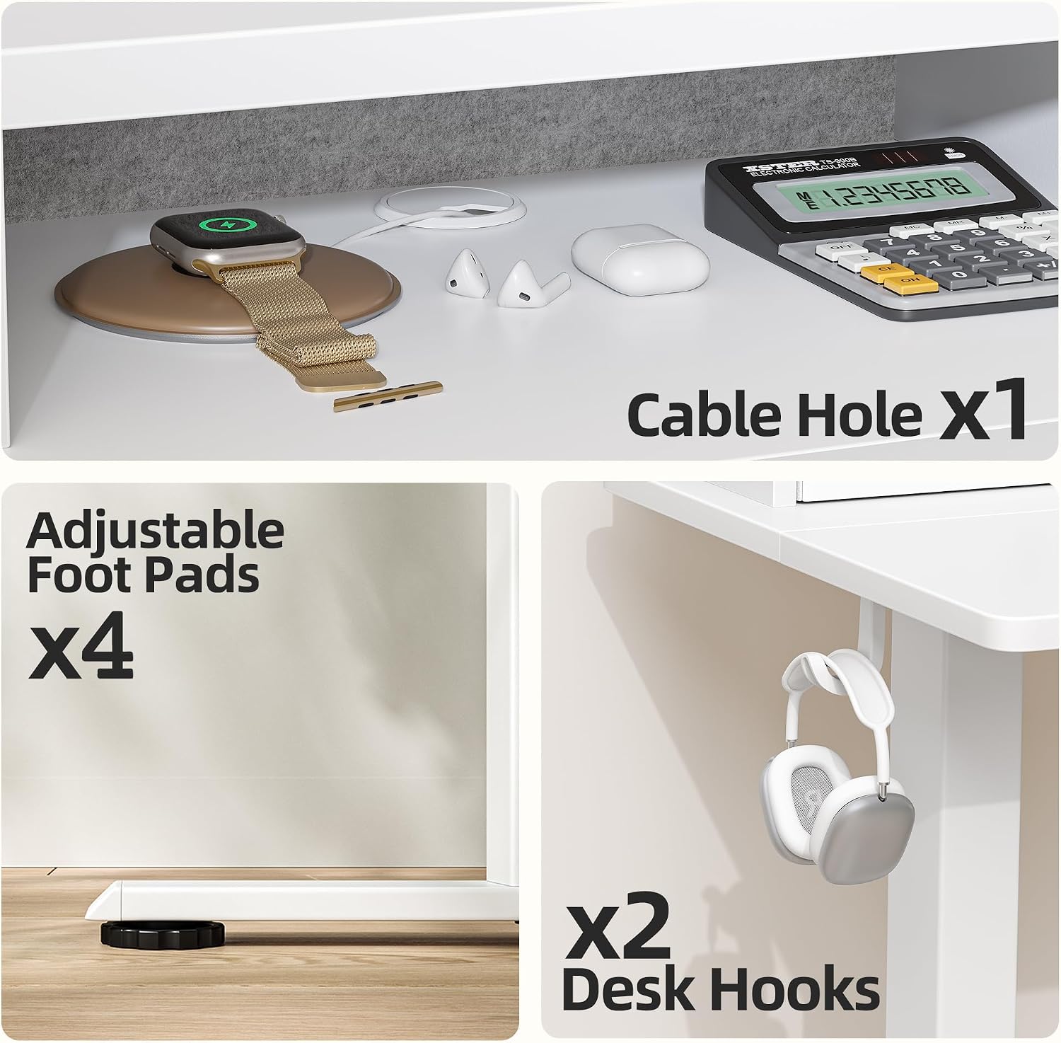 TIQLAB 55 * 28 Inch Standing Desk with Four Drawers, Electric Sit Stand Table, Stand Up Desk Adjustable Height with Storage Shelf, Splice Board, White