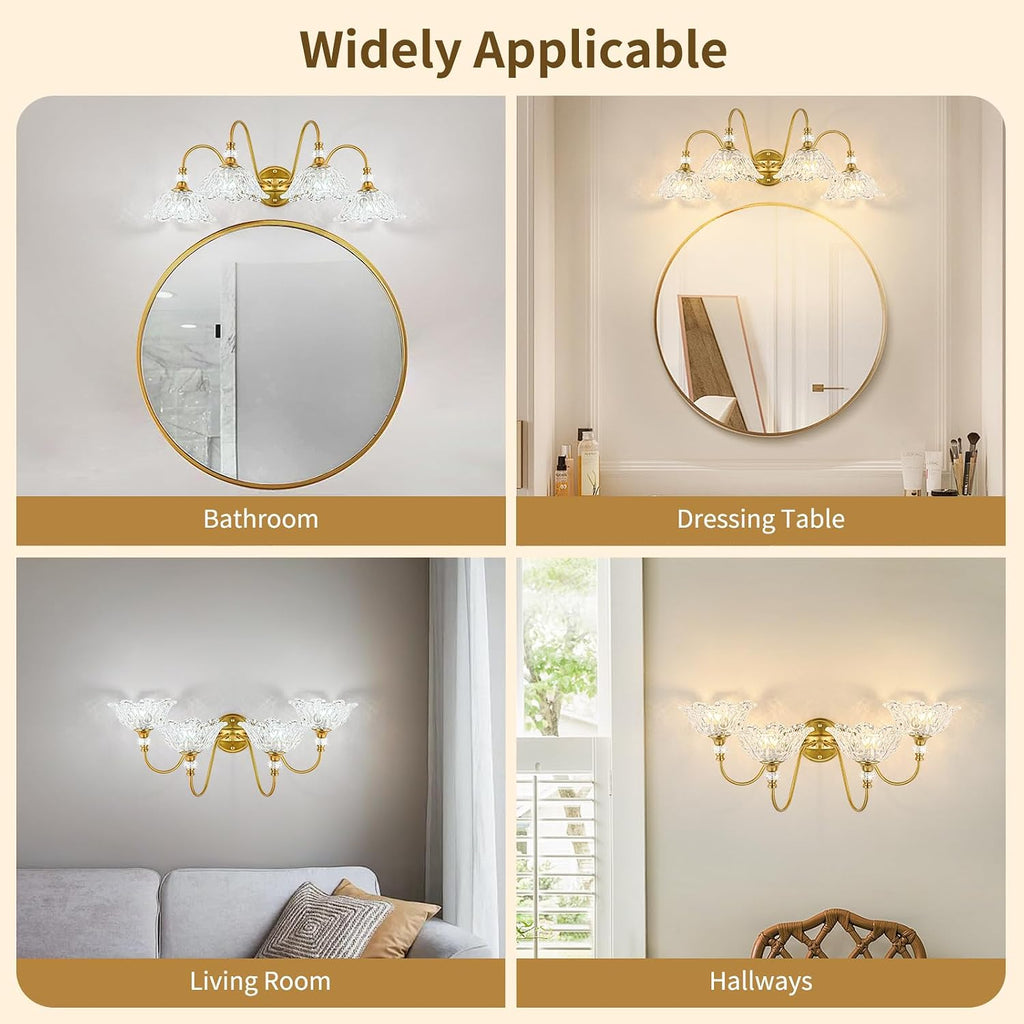 Gold Bathroom Vanity Light, 4-Light Brushed Gold Finish Vanity Light with Floral Clear Glass Shades, Vintage Wall Mount Lighting for Bathroom, Dressing Table