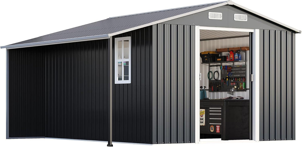 AMERLIFE 10.6x10.3x6.3 FT Galvanized Metal Storage Shed with Open Firewood Storage, Sliding Doors & Ramp, 2 Ventilated Windows, Weather-Resistant Outdoor Tool & Garden Shed, Dark Gray