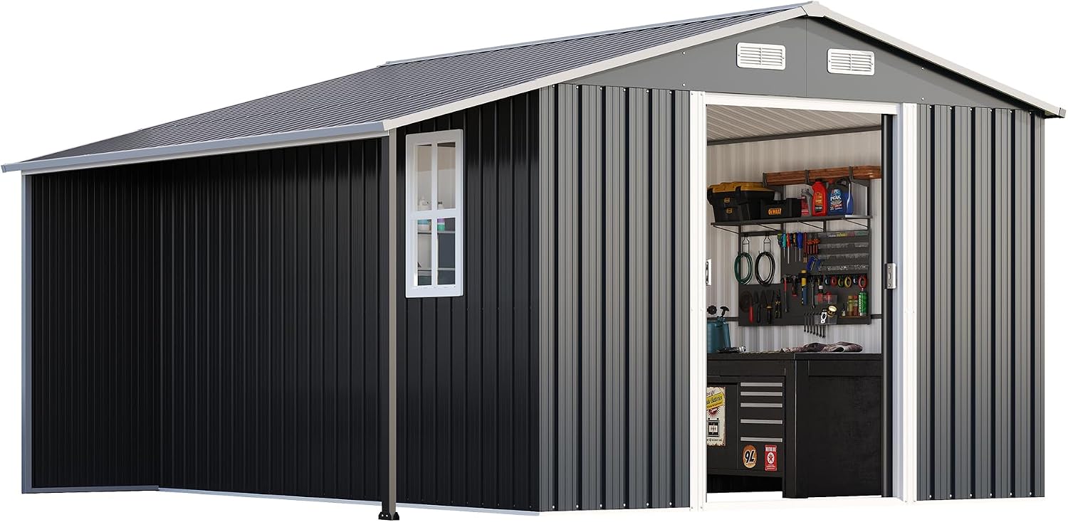 AMERLIFE 10.6x10.3x6.3 FT Galvanized Metal Storage Shed with Open Firewood Storage, Sliding Doors & Ramp, 2 Ventilated Windows, Weather-Resistant Outdoor Tool & Garden Shed, Dark Gray