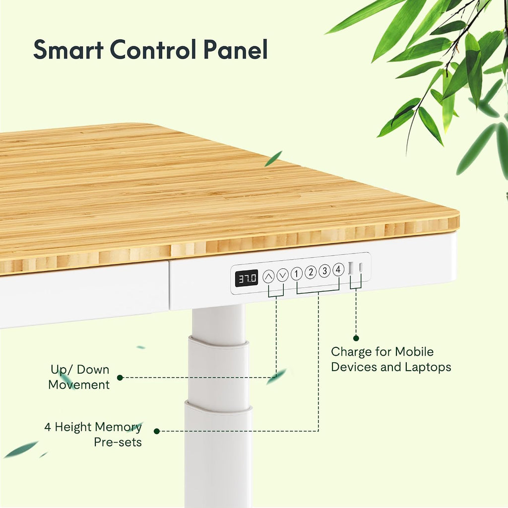 FLEXISPOT Q8 55' Bamboo Standing Desk, Dual Motor 3 Stages Adjustable Height Electric Computer Workstation w/Wireless Charging, Drawer, Quick Install, 220lbs Capacity (Bamboo Tabletop + White Frame)
