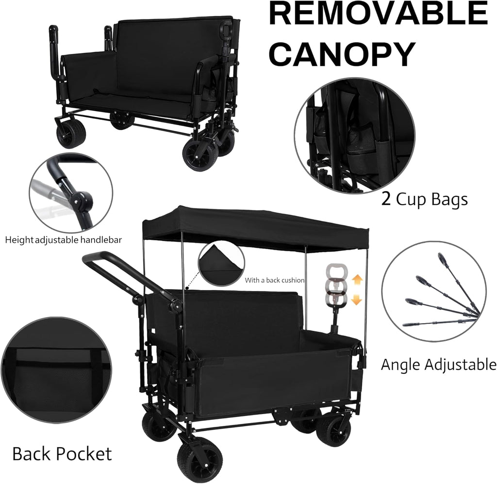 ZeHuoGe 3-in-1 Folding Wagon Cart with Bench Seat & Canopy & Storage, 500lbs Heavy-Duty, 180L Capacity, All-Terrain Wagon for Camping, Beach, Sports, & Garden (Black)