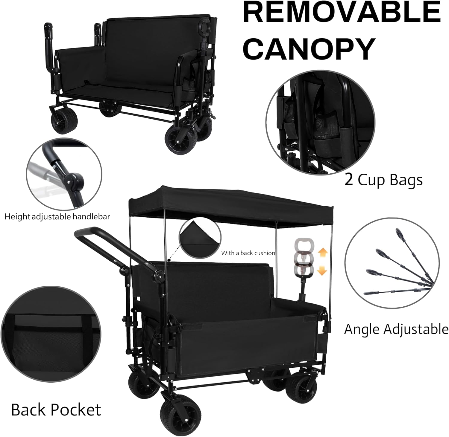 ZeHuoGe 3-in-1 Folding Wagon Cart with Bench Seat & Canopy & Storage, 500lbs Heavy-Duty, 180L Capacity, All-Terrain Wagon for Camping, Beach, Sports, & Garden (Black)