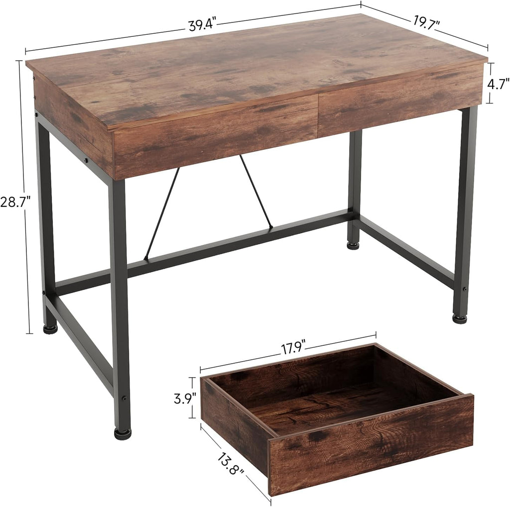 Mexin Small Desk with 2 Wooden Drawers, 40 Inch Home Office Writing Desk, Vanity Desk with Storage, Computer Desk for Bedroom Small Spaces, Table for Office, Kids Study, Makeup, Rustic Brown