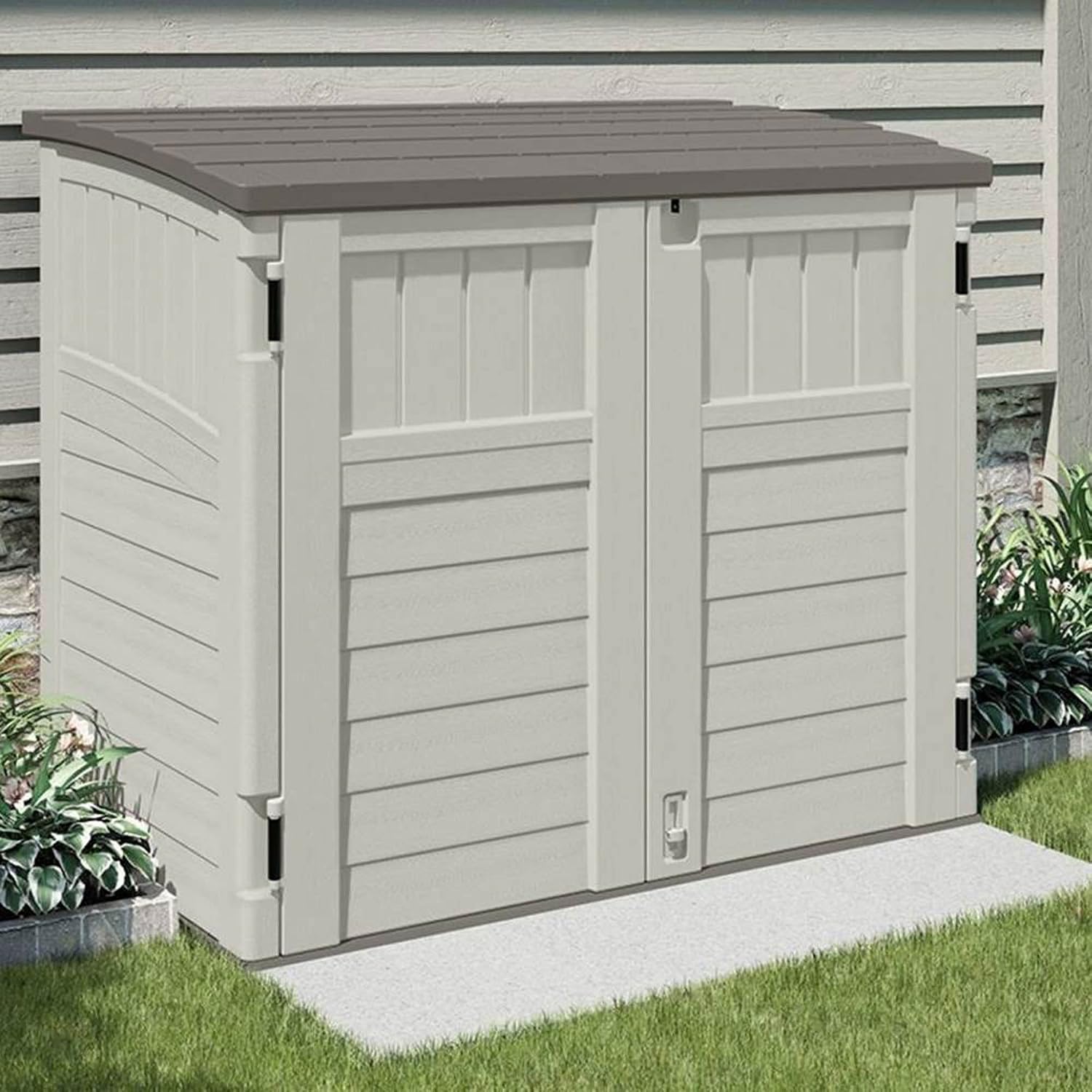 Suncast BMS2500 53 x 31.5 x 45.5 Inch Horizontal Resin Outdoor Storage Shed Bundled with 2 Pack BMSBSKT2PK 25 x 7.25 Inch Basket Accessory, Black