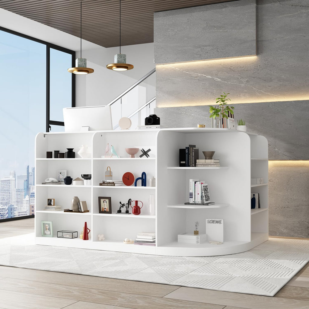 ECACAD 70.9' Large L-Shaped Reception Desk with 3 Drawers, 15 Open Shelves, Counter Top & Monitor Stand, Office Desk Reception Counter Table with File Cabinet, White