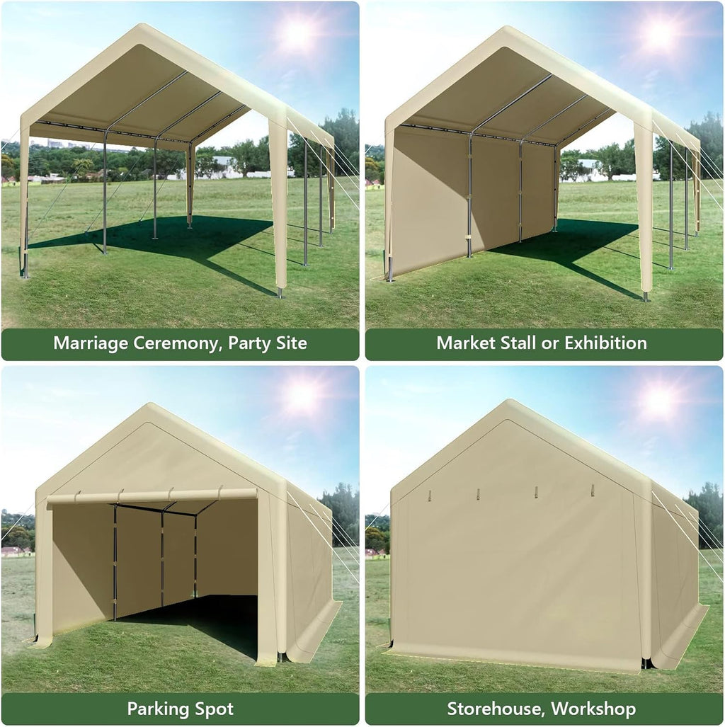 10x20 FT Heavy Duty Carport Car Tent Car Canopy Storage Shed, Portable Garage with Removable Sidewalls & Doors All-Season Tarp for Car,Truck,SUV,Party Beige