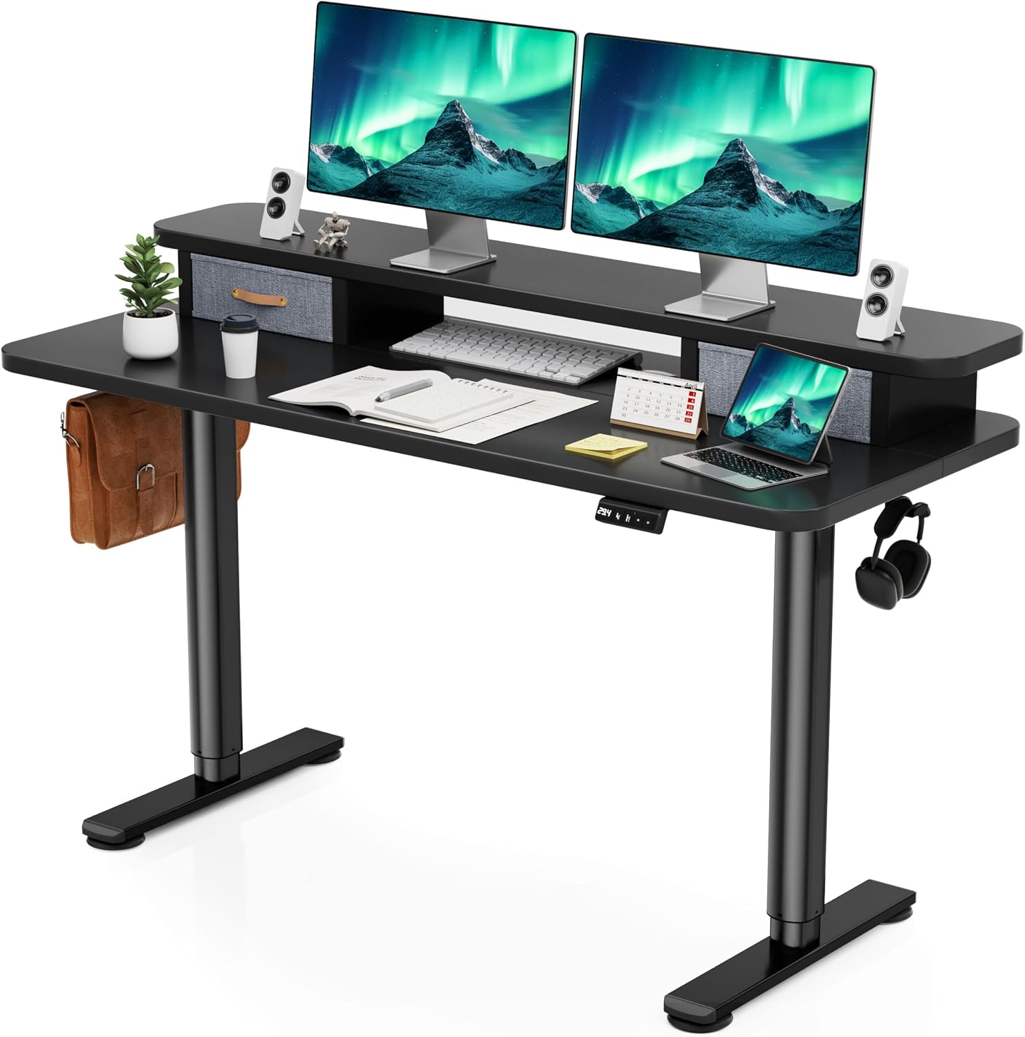 Flycity Electric Standing Desk with Dual Drawers, 55' x 24' Height Adjustable Desk Sit Stand Desk with Memory Controller, Casters & 2 Hooks, Ergonomic Low Noise Home Office Desk, Black