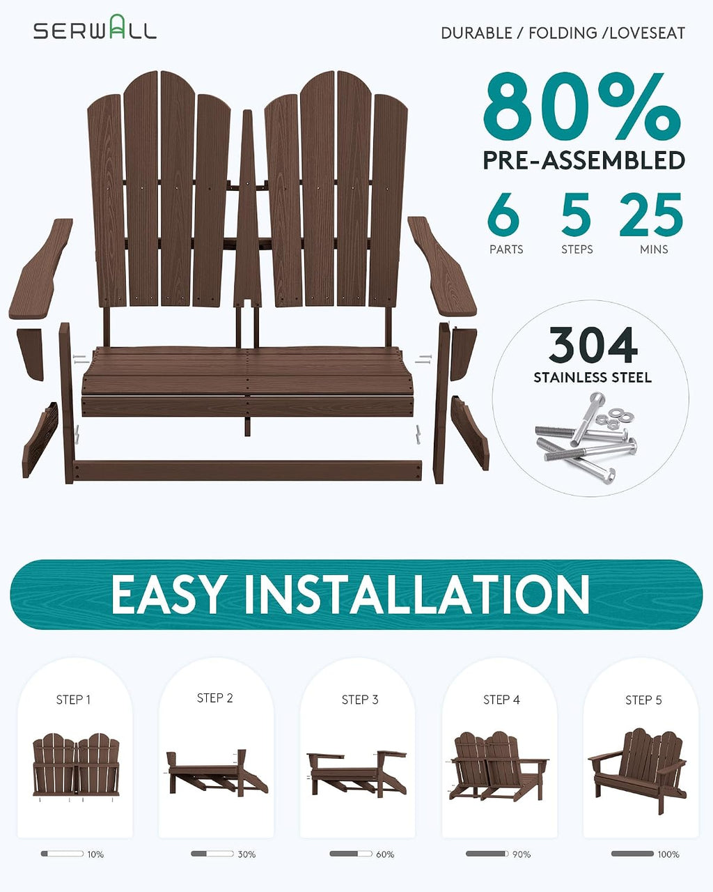 SERWALL 4 Pieces HDPE Patio Adirondack Chair Set, 2 Adirondack Chair with Cup Holder & 1 Adirondack Bench & 1 Coffee Table with Umbrella Hole, Coffee