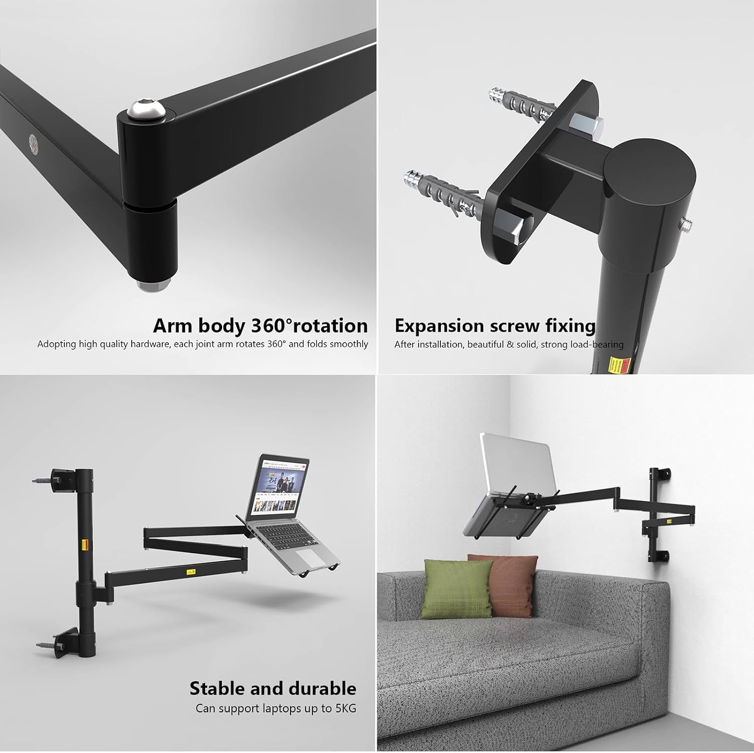 Wall Mount Laptop Stand Arm,Extended rotatable Laptop Tray for 12'-17' Notebook Screen,Aluminum Laptop Stand Holds,Full Motion Adjustments