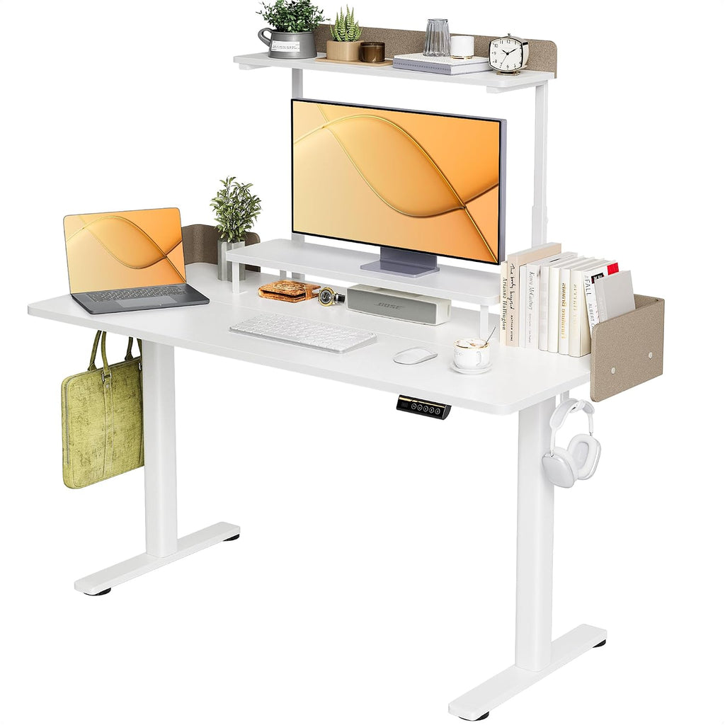 Claiks Electric Standing Desk with Monitor Stand, 55 Inches Electric Height Adjustable Desk with Removable Shelves, Stand Up Computer Desk Workstation, White