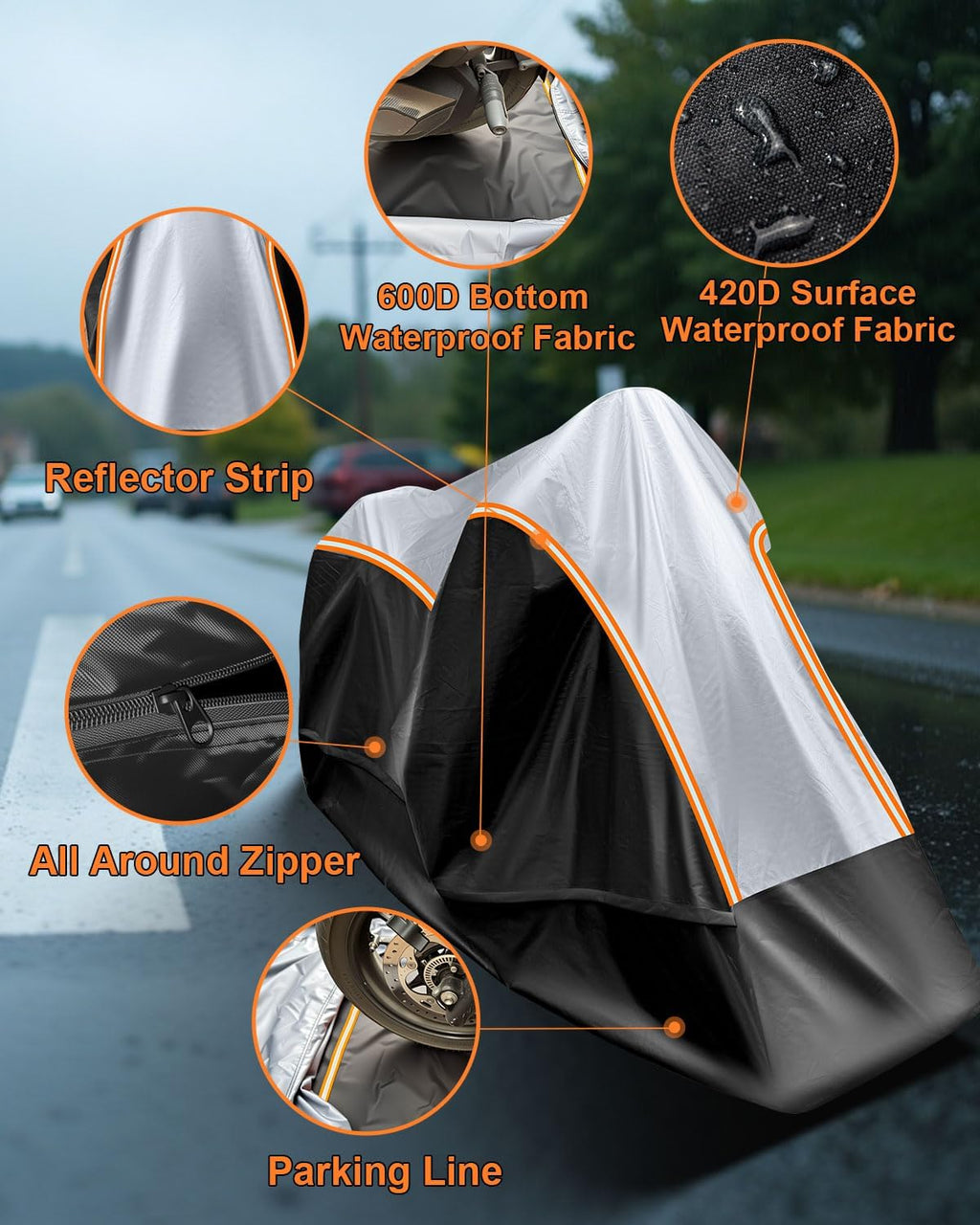 Full Enclosed Large Motorcycle Cover Waterproof Outdoor/Indoor Storage Motorcycle Cover Heavy Duty with Reflective Strips Fits Motorcycles Length up to 118' with Side+Top Box (Black+Sliver)