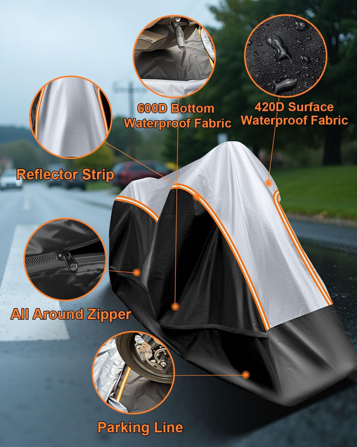Full Enclosed Large Motorcycle Cover Waterproof Outdoor/Indoor Storage Motorcycle Cover Heavy Duty with Reflective Strips Fits Motorcycles Length up to 118' with Side+Top Box (Black+Sliver)