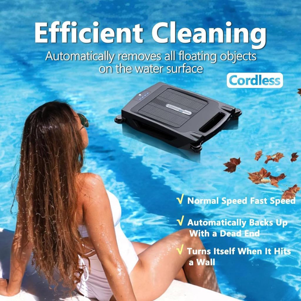 Solar Powered Cordless Robotic Pool Cleaner with Dual Charging 2 Cleaning Modes Auto Obstacle Avoidance and Escape Function Rechargeable Pool Skimmer Robot with 2500mAh Battery Removable Basket