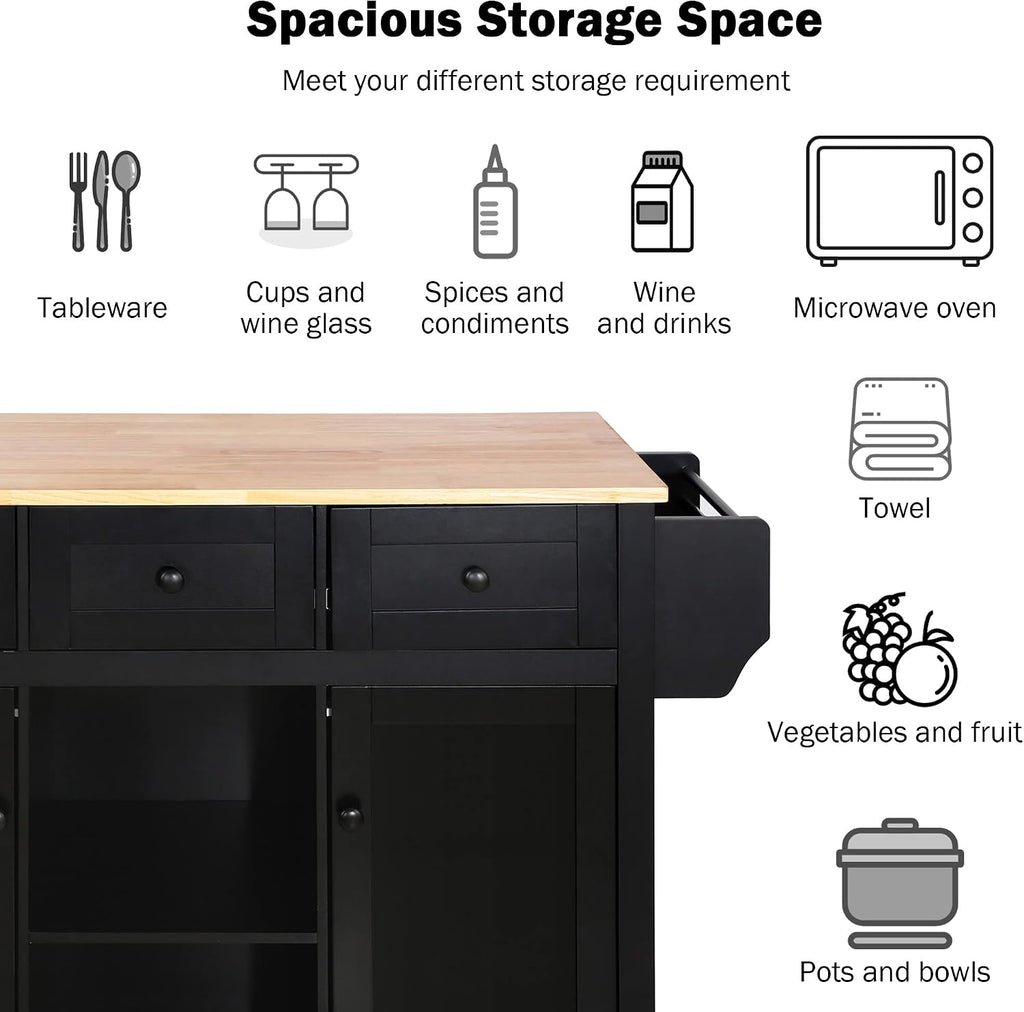 Kitchen Cart with Rubber Wood Drop-Leaf Countertop,Cabinet Door Internal Storage Racks,Kitchen Island on 5 Wheels with Storage Cabinet and 3 Drawers for Dinning Room, Black