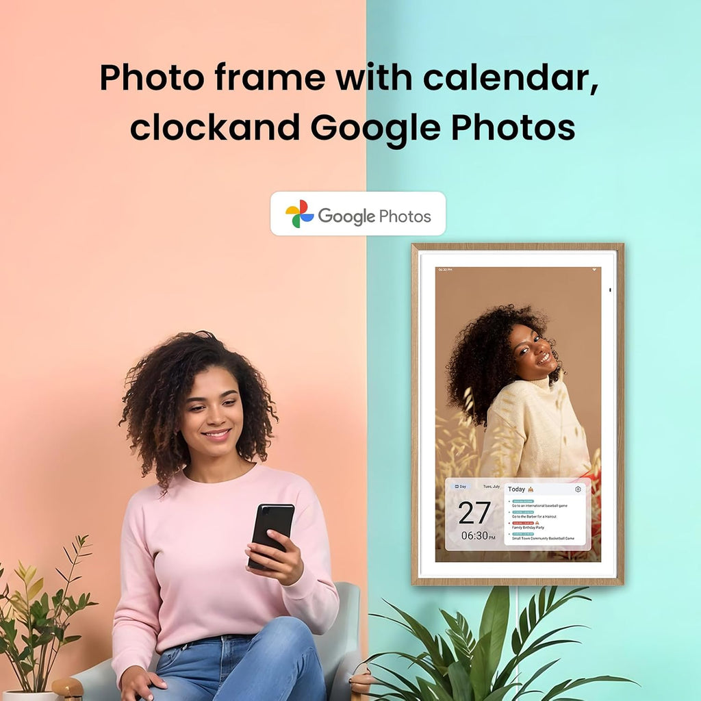 Apolosign 27-inch Digital Calendar : Dual Mode Smart Wall Planner, No Subscription, Install Apps, Sync Calendars, Electronic Touchscreen Interactive Display for Family Schedules, Chore Chart - with Stand (Teak)