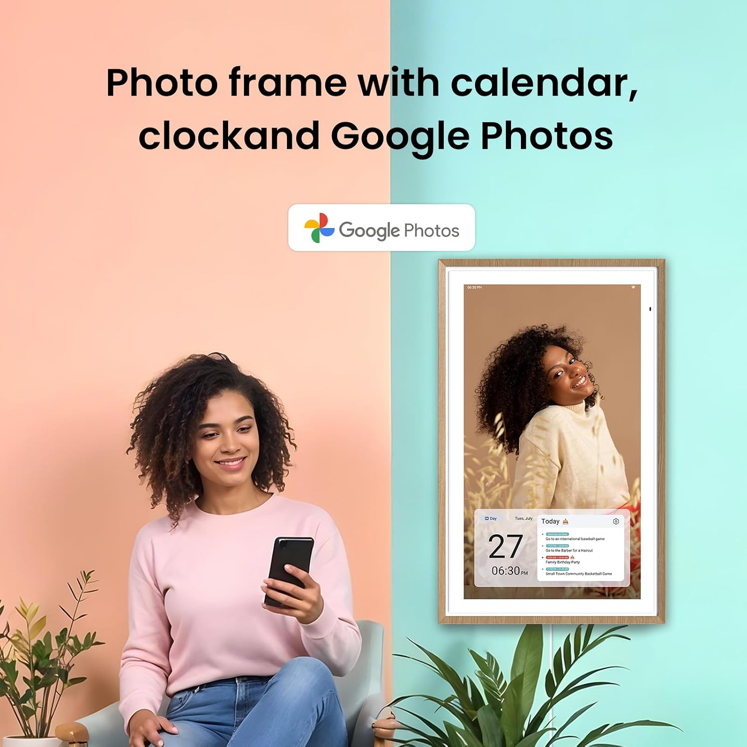 Apolosign 27-inch Digital Calendar : Dual Mode Smart Wall Planner, No Subscription, Install Apps, Sync Calendars, Electronic Touchscreen Interactive Display for Family Schedules, Chore Chart - with Stand (Teak)