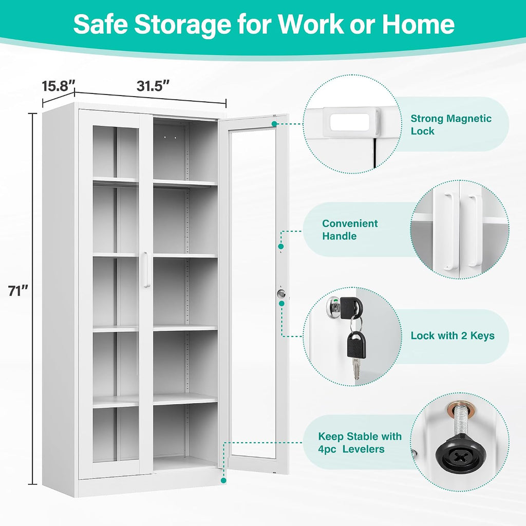 Metal Storage Cabinet with Lock and Glass Doors,71' Tall Glass Display Cabinet,White Storage Cabinets,Locking Curio Cabinets with 5 Shelves for Collectibles,Home,Office,Living Room