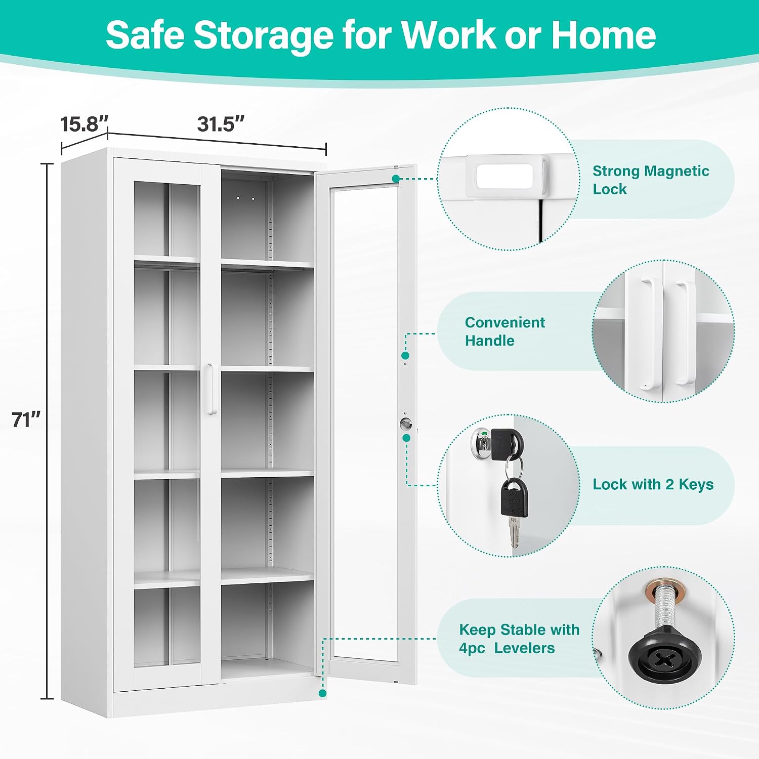 Metal Storage Cabinet with Lock and Glass Doors,71' Tall Glass Display Cabinet,White Storage Cabinets,Locking Curio Cabinets with 5 Shelves for Collectibles,Home,Office,Living Room