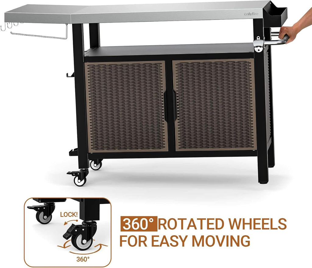 onlyfire 53-Inch Rolling Kitchen Island Cart with XL Stainless Steel Top & Rattan Texture Cabinet, Heavy-Duty Outdoor Dining Cart with Side Shelf, Propane Tank Holder, Spice Rack, Wheels for Patio