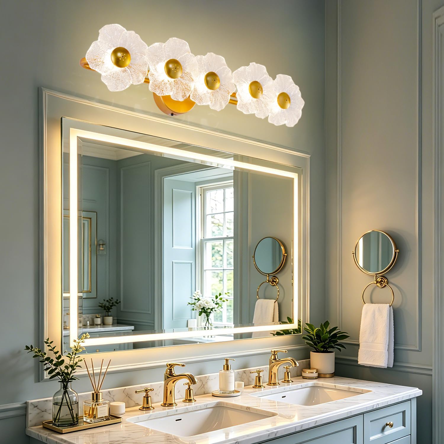 26.7' Gold Bathroom Light Fixtures 5 Light Floral Vanity Lights, 3-Color Dimmable Bathroom Vanity Light Elegant Led Wall Lights Cordless Wall Sconces for Decor,Bathroom,Livingroom