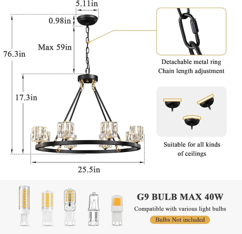 Black Wagon Wheel Chandelier, 8-Light Farmhouse Crystal Chandeleirs with Adjustable Height,Ceiling Hanging Light Fixture Pendant Lights for Living Room,Bedroom,Kitchen Island,Dining Room