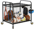 MyGift Large Capacity Metal Rolling Multi Sports Ball Cage Storage Hopper, Gym Equipment Basket Cart with Lockable Latch, Heavy Duty Caster Wheels, and 8 Accessory Hooks
