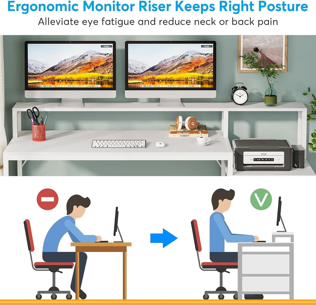 LITTLE TREE 63 Inch Computer Desk with File Drawer Cabinet, Home Office Desks with Ergonomic Monitor Stand