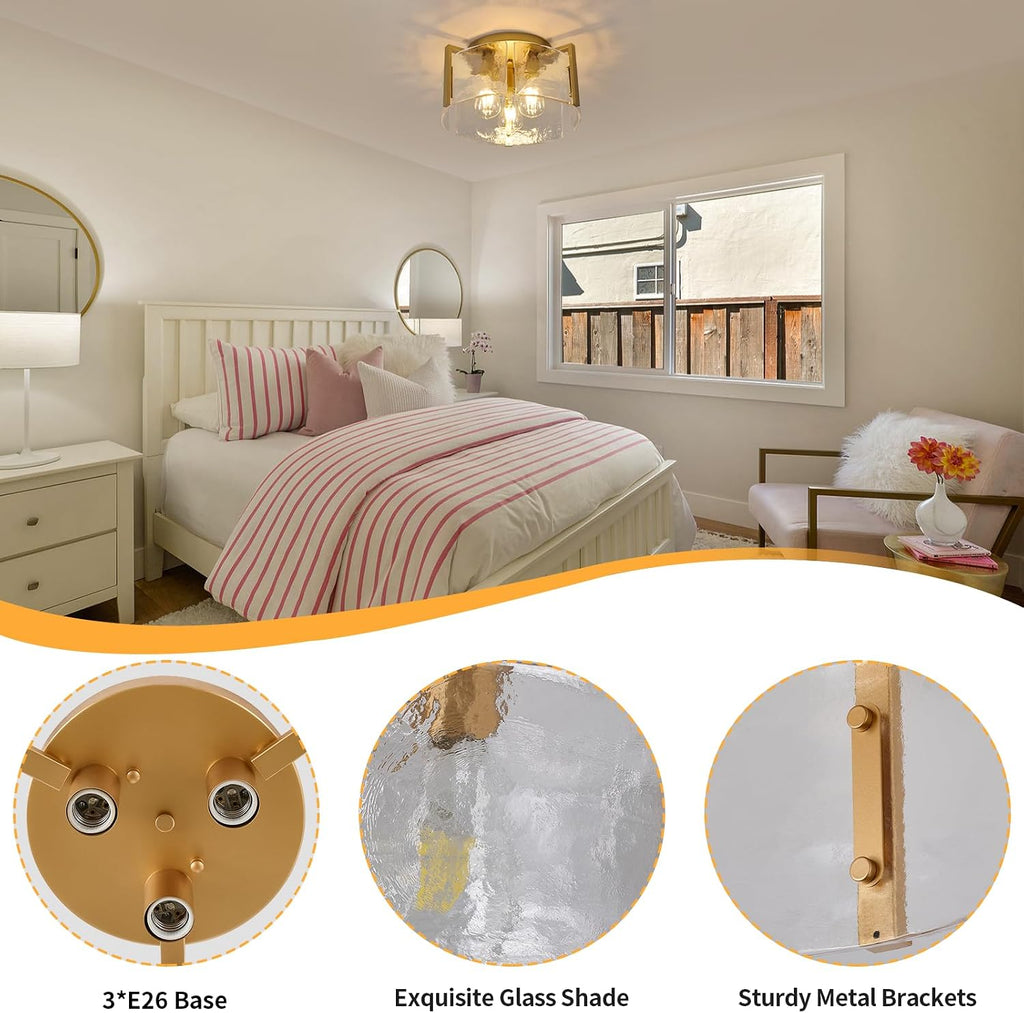Gold Semi Flush Mount Ceiling Light Fixture, 14-Inch Farmhouse Modern Flush Mount Light Glass Drum Lights Foyer Lighting Fixtures for Kitchen Entryway Hallway Laundry Room Bedroom Bathroom
