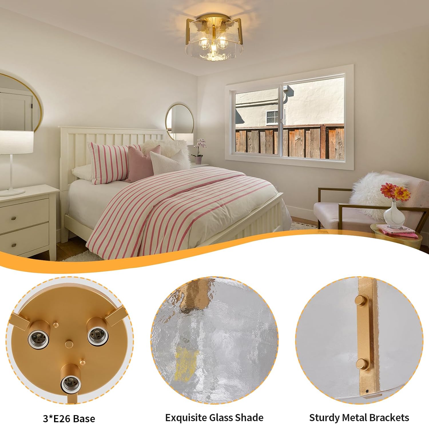 Gold Semi Flush Mount Ceiling Light Fixture, 14-Inch Farmhouse Modern Flush Mount Light Glass Drum Lights Foyer Lighting Fixtures for Kitchen Entryway Hallway Laundry Room Bedroom Bathroom