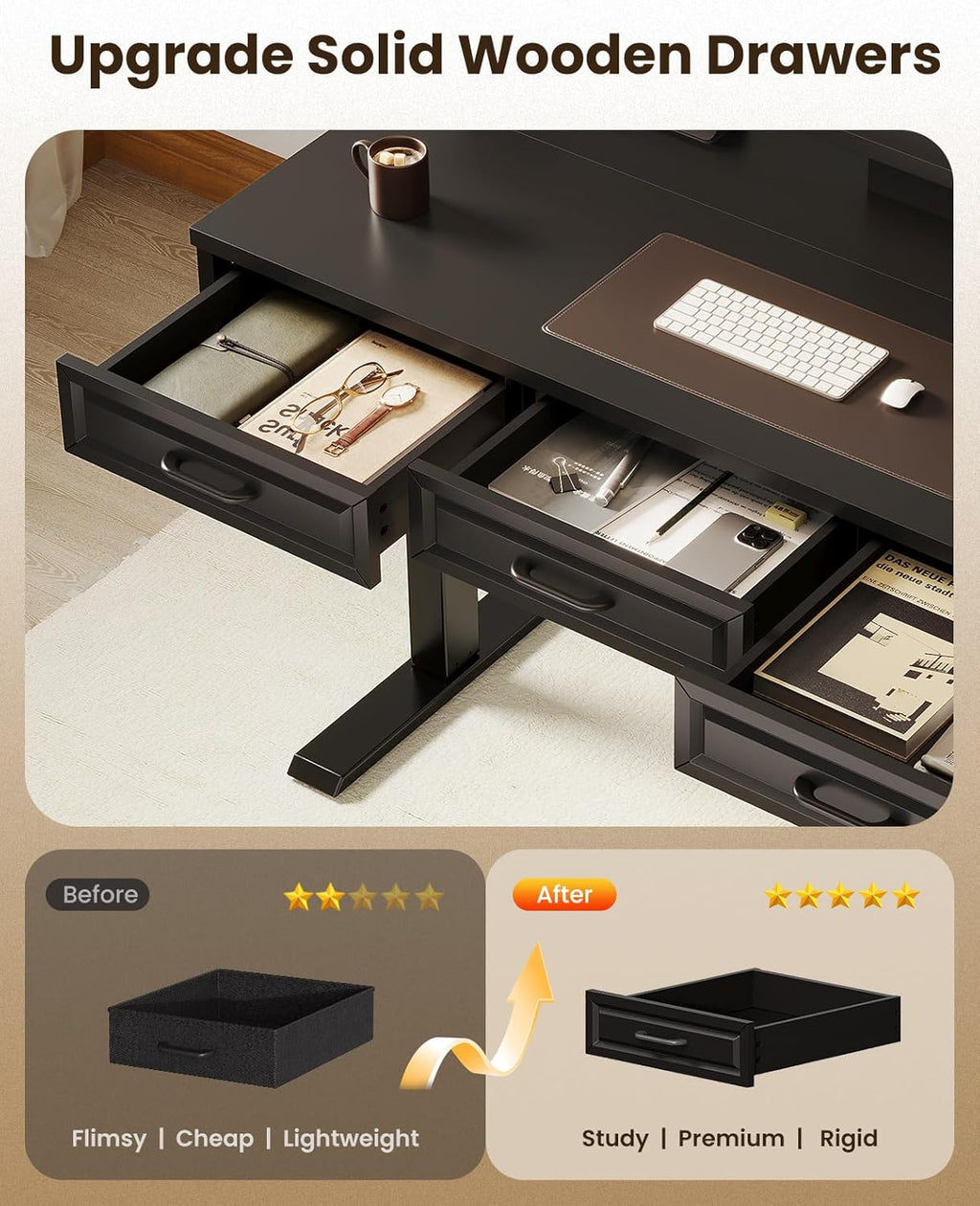 OffiGo Electric Standing Desk with 3 Wooden Drawers, 48 Inch Height Adjustable Desk with Power Outlets & LED Lights, Black Sit Stand Table with Monitor Stand for Home, Office, Workstation
