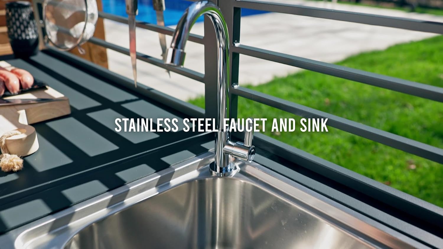 Domi Outdoor Kitchen Island with Storage, Aluminum Kitchen Island Stainless Steel Outdoor Sink w/Faucet & Drainboard, Freestanding Storage Shelves with Protective Cover Indoor Outdoor
