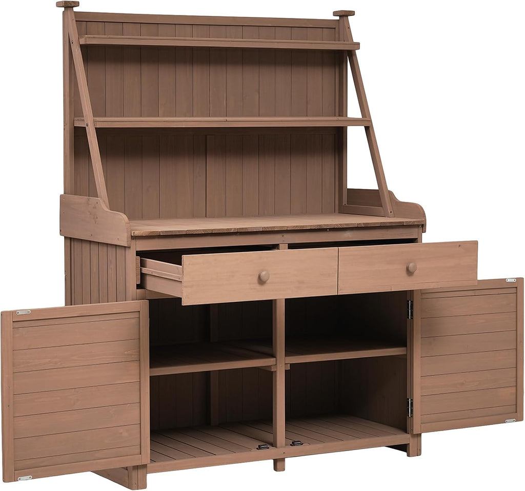 65inch Garden Potting Bench Table, Fir Wood Workstation with Storage Shelf, Drawer and Cabinet for Mudroom,Doorway (Brown2, 65')