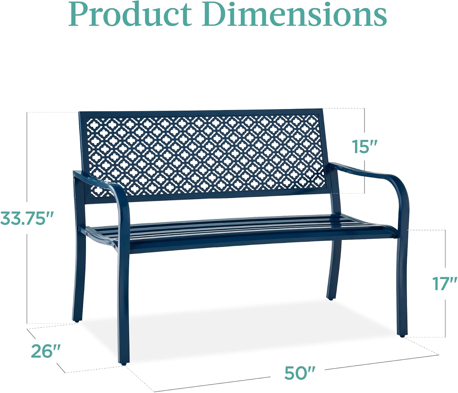 Best Choice Products Outdoor Bench 2-Person Metal Steel Benches Furniture for Garden, Patio, Porch, Entryway w/Geometric Backrest, 790lb Capacity - Peacock Blue