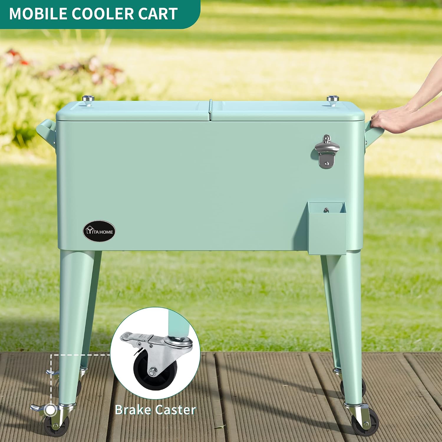 YITAHOME 80 Quart Patio Cooler Cart with Bottle Opener Drainage, Portable Rolling Beverage Cart for Pool Deck Party Cookouts