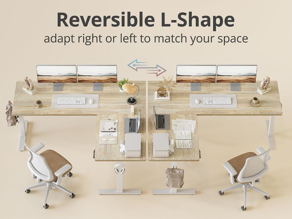 TIQLAB L Shaped Standing Desk Adjustable Height, Reversible Electric Corner Standing Desk, 63 x 55 inch Sit Stand Computer Table with Splice Board, Maple