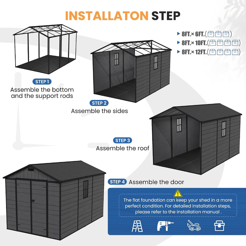 Amopatio 8X12 FT Resin Storage Shed with Floor Included, Plastic Outdoor Shed with Lockable Door, Window & Vents, for Lawnmower, Garden Tools, Pool Supplies, Dark Grey